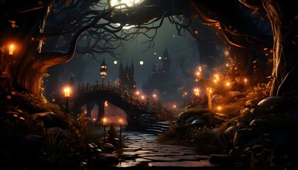 Fantasy Landscape with a bridge in a dark forest at night