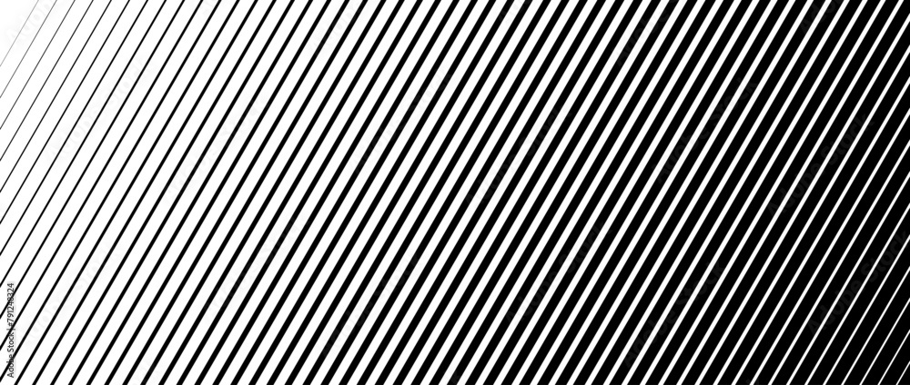 Poster Oblique line halftone gradation texture. Fade diagonal stripe gradient background. Slant pattern backdrop. Black thin to thick stripe vanish backdrop for overlay, print, cover, graphic design. Vector