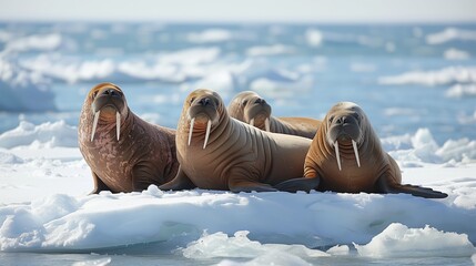 Walrus Group on Arctic Ice Floe. Group of walruses resting on an ice floe in the Arctic,...