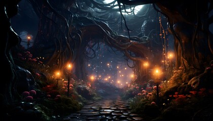 Fantasy dark forest with fog and full moon. 3d rendering