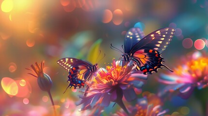 Butterflies with Ethereal Glow. Two butterflies with translucent wings fluttering over blossoming flowers, imbued with an ethereal glow. - obrazy, fototapety, plakaty