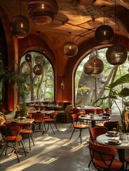 Stylish Restaurant Interior with Hanging Lights and Arched Windows