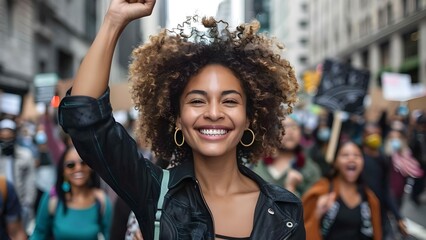 Anonymous African American woman raises fist with fellow protesters in city street. Concept Protest, Activism, Demonstrations, Black Lives Matter, Social Justice - obrazy, fototapety, plakaty