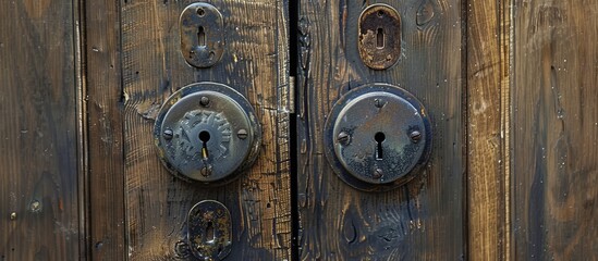 The image features a wooden door with two locks attached and a visible keyhole, emphasizing security and protection at the entrance