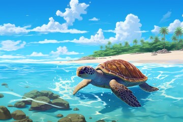 cartoon illustration, a turtle is walking on the beach - obrazy, fototapety, plakaty