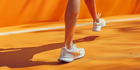 Portrait of sportive woman's muscled legs running with a clean backdrop with a big space for text or sports type product advertisement, Generative AI.