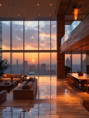 Luxurious Penthouse Living Room with Sunset View Through Floor-to-Ceiling Windows