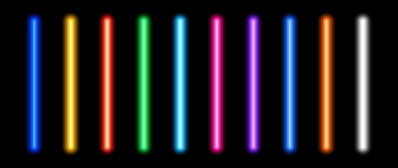 Glowing neon tube lamp set. Led light line beam collection. Bright luminous fluorescent bar stick lines. Shining colorful strip element pack to divide, separate, decorate. Vector illustration bundle