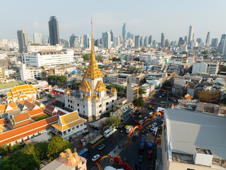 An aerial view of the Chinatown Gate and Traimit Withayaram temple, The most famous tourist...