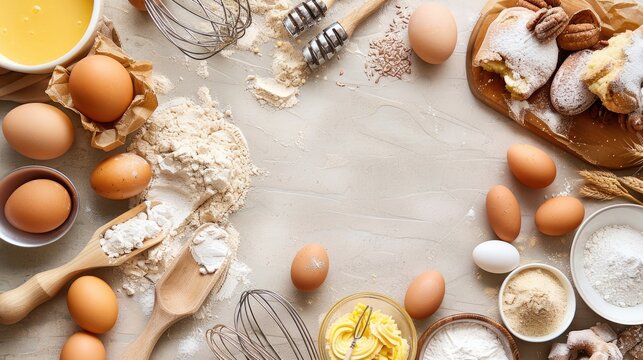 Baking ingredients and utensils spread out with room for recipes or instructions