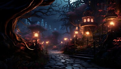 Halloween night scene with haunted house and full moon, 3d illustration
