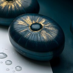 A captivating  luxurious soap, showcasing its dark blue hue with golden shimmering effects...product