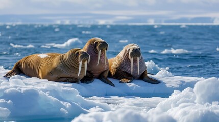 Walruses Resting on Arctic Ice Flow. Two walruses find respite atop a small ice floe, surrounded by the cold blue waters of the Arctic.