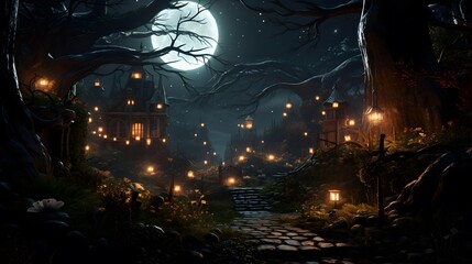 Halloween night scene with full moon and haunted house in dark forest. 3D Rendering