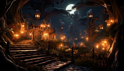 Mystical Halloween background with castle and stairs. 3d rendering