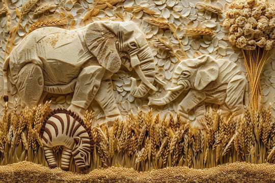 The image of savanna wildlife crafted from different grains and cereals - Generative AI