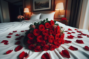 a bouquet of red roses on a bed with white sheets, red roses, romantic