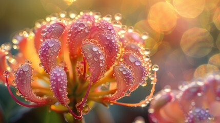 Close view of Syncarpha Vestita in full bloom, dew-covered petals, sunrise light - obrazy, fototapety, plakaty