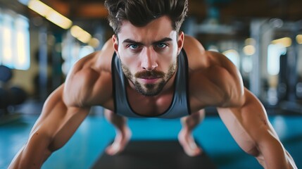 Fototapeta premium A fit man doing push-ups in a gym works his chest muscles