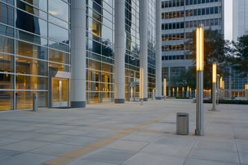 Modern office building windows lit in evening night early morning long working hours exhaustion overtime exterior urban architecture skyscraper lights tower financial sector banking hq headquarters