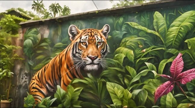 Anamorphic street art painting transforming a mundane urban alleyway into a breathtaking vista of a lush rainforest, with exotic animals and tropical foliage.
