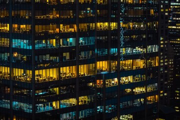 Modern office building windows lit in evening night early morning long working hours exhaustion overtime exterior urban architecture skyscraper lights tower financial sector banking hq headquarters