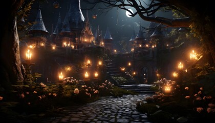 Mysterious halloween spooky dark forest with lighted candles. 3d rendering