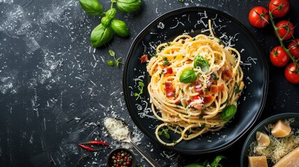 Italian Style Carbonara Pasta with Pancetta and Cheese on Black Table