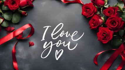 i love you card, i love you templates, Valentine's day background with red and pink roses on black background, flat lay, valentines day composition, flat lay hearts roses and present top view	