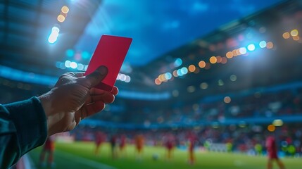 A photograph depicting a guy referee brandishing a red card over a backdrop of a football stadium sporting multiple lights on and space, Generative AI. - obrazy, fototapety, plakaty