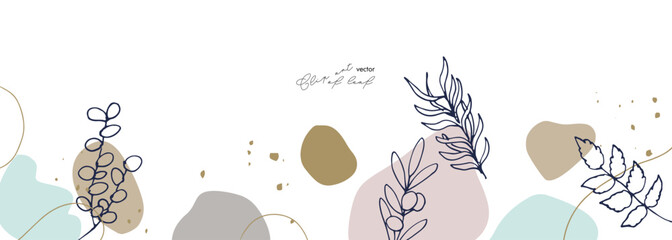 草木のベクターイラスト背景。アースカラーの韓国風おしゃれな背景。線画の草木イラスト。Vector illustration background of plants and trees. Stylish background in earth color Korean style. Line drawing grass and trees illustration.