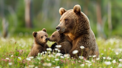 Mother Bear and Cubs Enjoying Meadow. Tender scene of a mother bear with her cubs in a meadow,...
