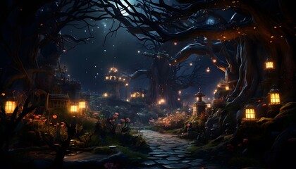 Obraz na płótnie Canvas Illustration of a Halloween night scene with a full moon in the forest