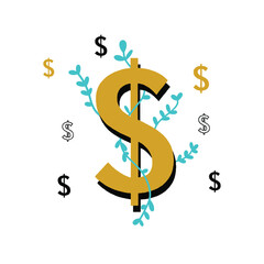 dollar symbol on a white background. A currency caught by a tree with money floating next to it.