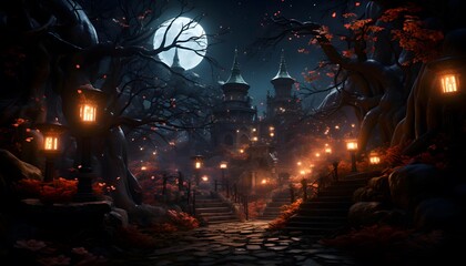 Halloween scene with pumpkins and castle at night 3d illustration