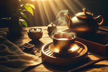 a cup of tea on a bamboo mat with a teapot, tea ceremony scene, tea cup - obrazy, fototapety, plakaty