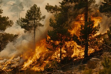 Wildforest fire burning forest trees eecological disaster smoke aerial view from helicopter danger death animals damage hazard blaze pollution tragedy
