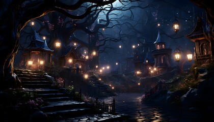 Halloween night scene with old castle, moonlight and lanterns