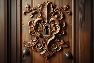 a wooden door with a keyhole and a decorative design