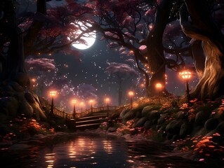 Illustration of a Japanese garden at night with full moon in the background