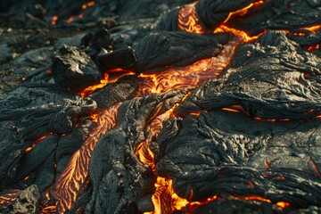 Naklejka premium Hot molten lava streaming volcano eruption stream hot boiling magma venus other planet surface destruction flowing fire flame heat danger glowing cosmic