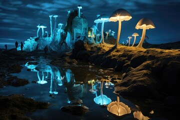 Glowing Mushrooms: A castle surrounded by bioluminescent mushrooms.