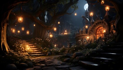 Mysterious dark forest with stone stairs and glowing lanterns.