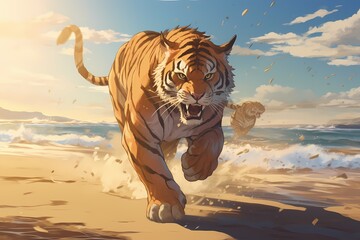 cartoon illustration, a tiger is running on the beach