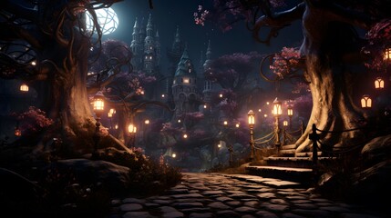 3D illustration of a fantasy forest with a path leading to the moon