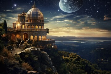 Celestial Observatory: A castle with telescopes observing the cosmos.