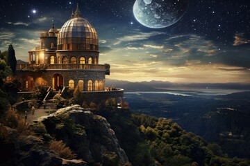 Obraz premium Celestial Observatory: A castle with telescopes observing the cosmos.
