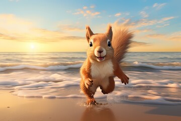 cartoon illustration, a squirrel is running on the beach
