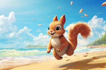 cartoon illustration, a squirrel is running on the beach