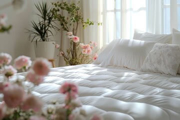 A plush white mattress protector with facets that provide it waterproof and non-staining implies comfort and hygiene and light weight space, Generative AI. - obrazy, fototapety, plakaty